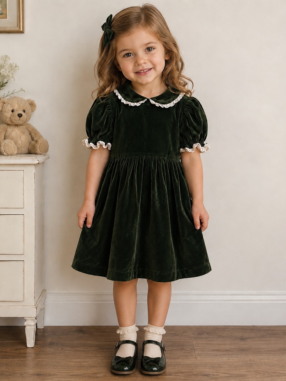 Vintage Girls 🎀 Velvet Puff Sleeve Dress with Lace Collar - Green - Size 6